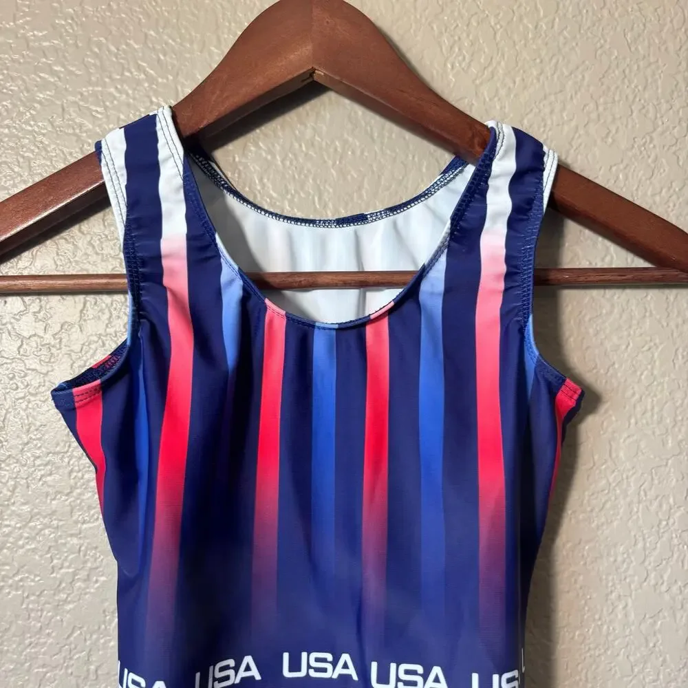 Destira USA Patriotic Foil Tank Leotard Size Child Large Red, white and blue
